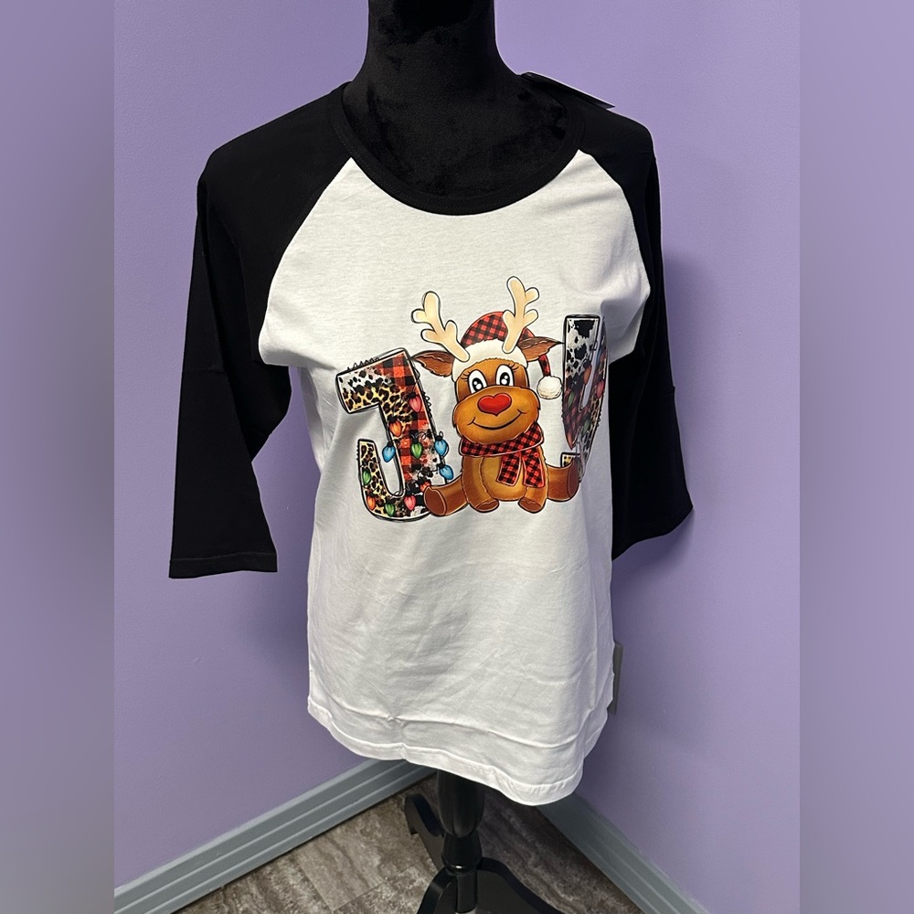 Festive Reindeer Raglan Tee - Black & White